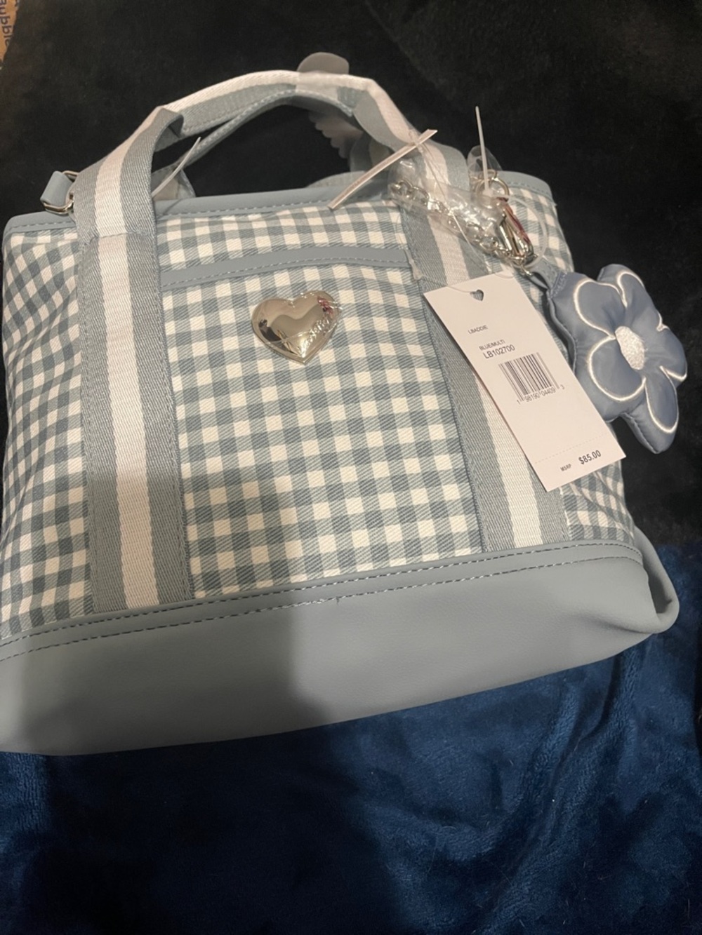 Luv Betsey, Betsy Johnson Blue & White  Gingham Tote Bag with Silver Hardware